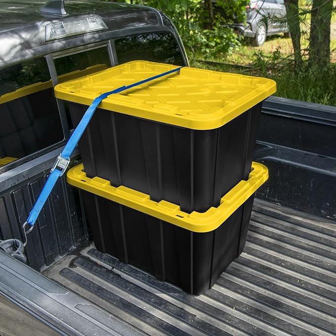 Storage Bin 27 Gallon Industrial Tote, Rugged Plastic Storage Bin, Snap-on Lid, Heavy-Duty Organizing Containers for Closet, Bathroom, and Office 6-Pack
