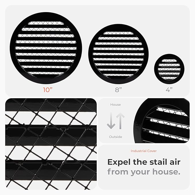 10" Inch Black Round Aluminum Vent Cover - Air Vent Louver - Soffit Grille Cover - Built-in Aluminum Screen - Grill Cover/Dryer Vent Cover for House, Kitchen, Bathroom, Garage Ventilation