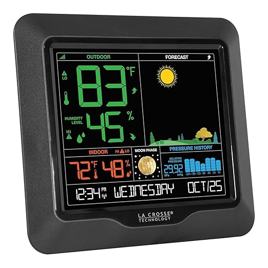 La Crosse Technology Color Forecast Station - Large Display, Temperature/Humidity Alerts, Seasonal Scenes - Indoor/Outdoor Monitoring, HI/LO Records, Barometric Pressure - Atomic Time, DST Updates