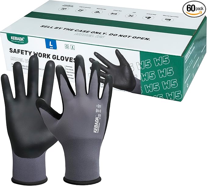 Kebada W5-60 Pairs Bulk Safety Work Gloves Foam Nitrile Coated, Seamless Knit Nylon Glove with Grip, Ideal for Mechanic, Warehouse, Construction & Gardening, X-Large