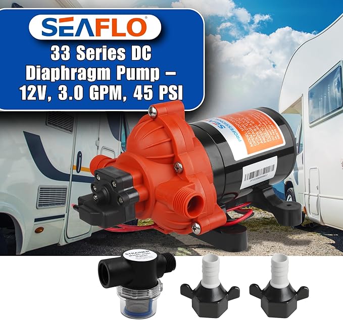 SEAFLO 33 Series DC Diaphragm Pump – 4-Year Warranty! 12V, 3.0 GPM, 45 PSI, Self-Priming, Run Dry Safe, Built-In Pressure Switch | Ideal for Marine, RV, and Water Systems