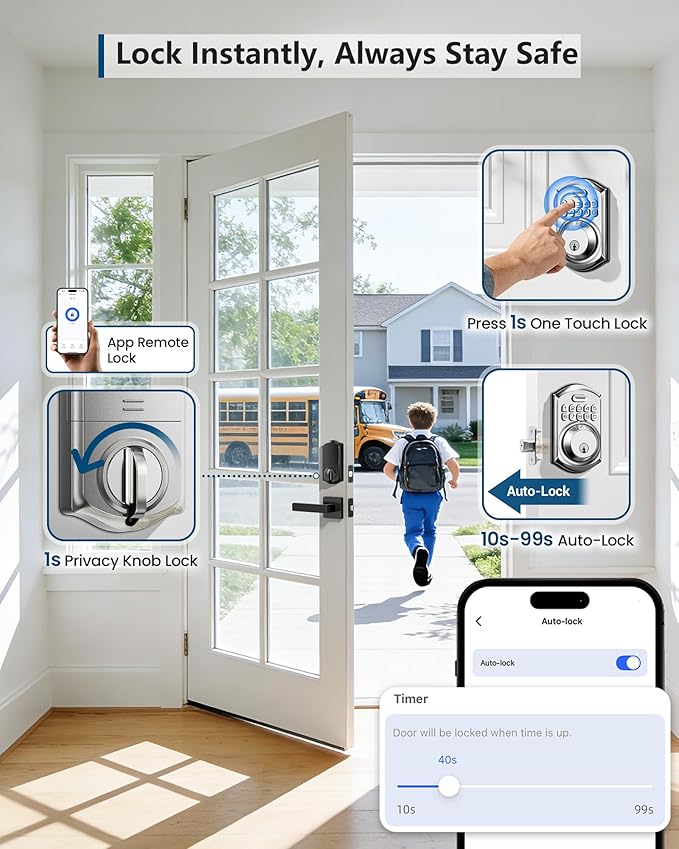 TEEHO TE011W Wi-Fi Keyless Entry Door Lock with Keypad - Smart Deadbolt Lock for Front Door with 2 Keys - Remote Control, Works with Alexa & Google, APP Unlock - Easy Installation - Satin Nickel
