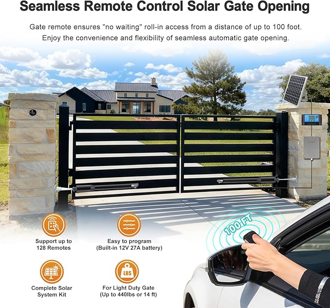 C01-L Solar Gate Openers with Batteries & Solar Panel for Dual Swing Gate Up to 14ft Long or 440lb Per Arm, Automatic Gate Openers for Driveway Dual Swing Gate with Long-Range Gate Opener Remote
