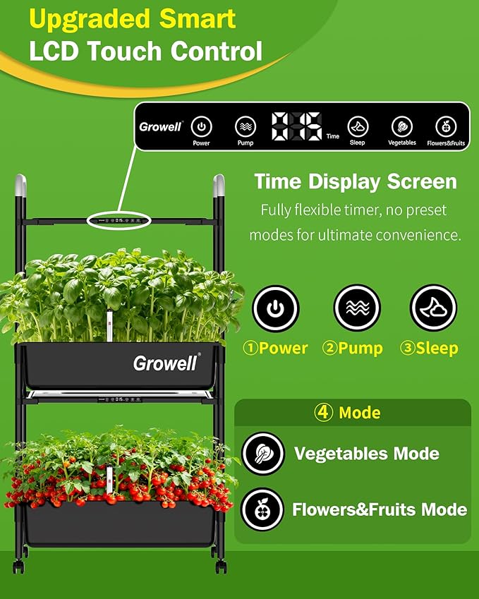 Growell Large Hydroponics Growing System Kit, Vertical Indoor Herb Garden Kit with LED Grow Light & Independent Water Pump, 28L Movable Indoor Planter Perfect Gardening Gifts (2 Tier-54 Pods Black)