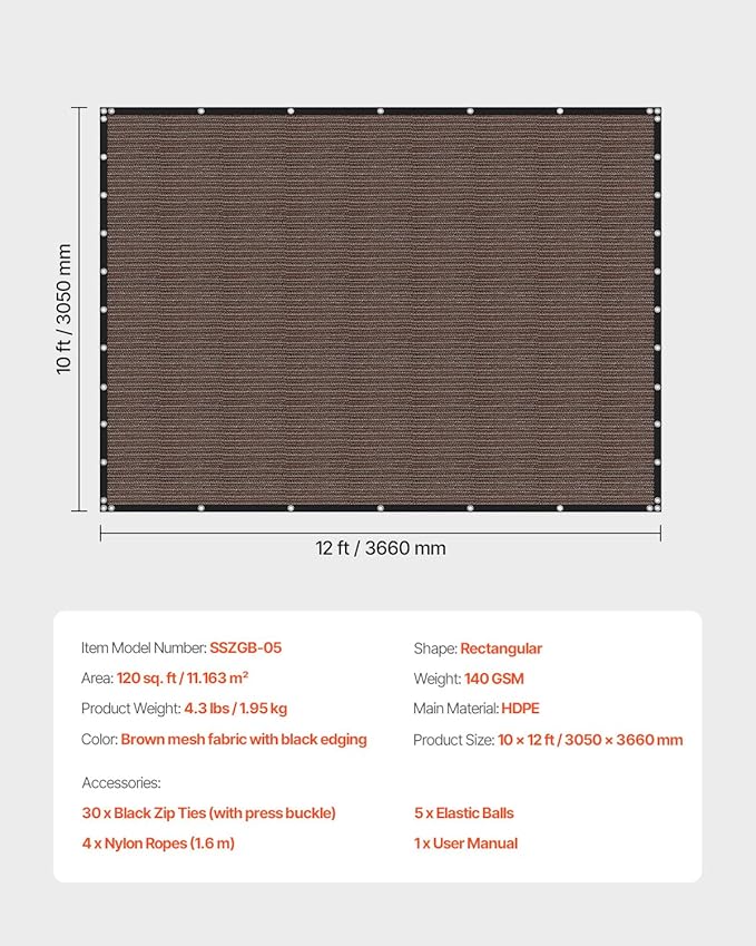 VEVOR 90% Sun Shade Cloth, 10 x 12 ft Pergola Shade Cover with Stainless Steel Grommets, Sun Shades Canopy Privacy Screen with 140 GSM HDPE Material, for Outdoor, Patio, Garden, and Backyard (Brown)