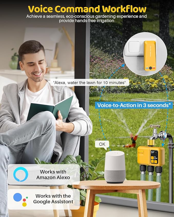 WiFi Water Timer 3 Zone for Garden Hose, Smart Sprinkler Timer with 984ft RF Range, Brass Inlet, APP/Voice Control, Rain Delay, Automatic/Manual Irrigation