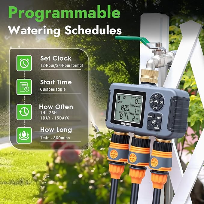 Insoma Water Timer with Brass Inlet, 3 Independent Zones Outdoor Hose Timer for Garden Faucet with Auto/Manual/Rain Delay Mode, IPX5 Waterproof, Sprinkler Irrigation Controller for Yard Lawn