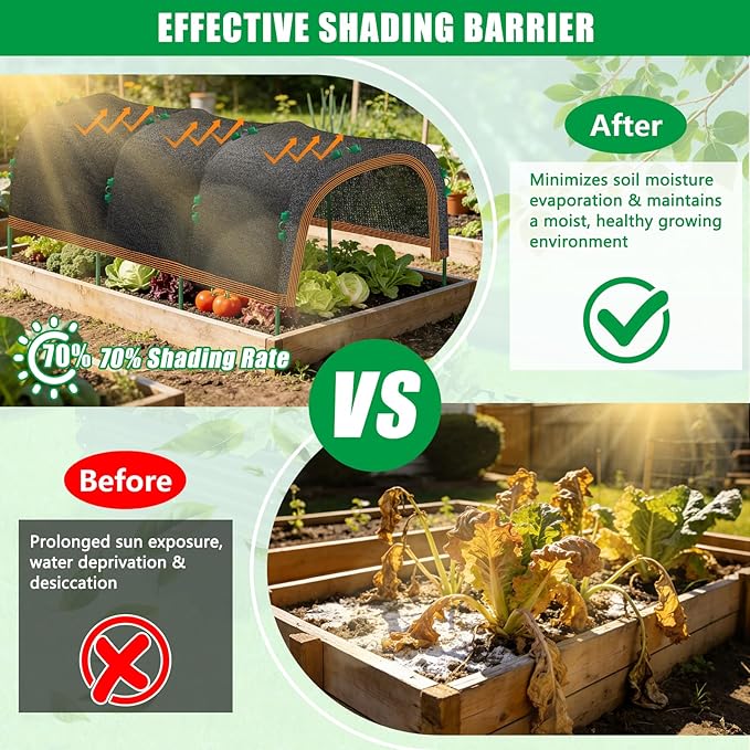 79"x40" Garden Shade Kit, 70% Garden Sun Shade Cloth with Hoops for Plants Heat Protection, Raised Garden Bed Shade Cover Plant Sun Shade for Outdoor Plants Vegetables
