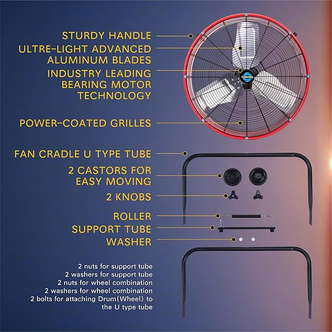Tornado 24 Inch High Velocity Drum Fan, 8800 CFM Heavy Duty Industrial Floor Fan, 3-Speed Tilt Adjustable Metal Blades, Wide Airflow, 8 FT Cord, UL Listed for Commercial Use