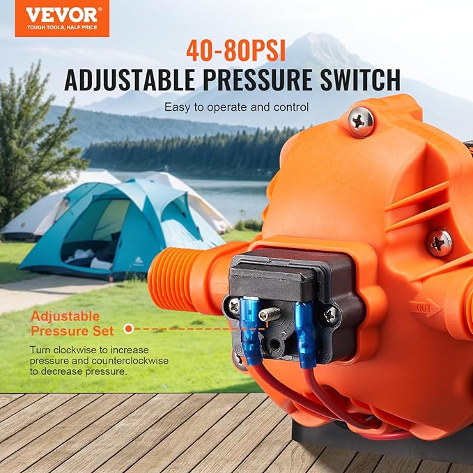 VEVOR 12V Diaphragm Pump, 3 GPM (11.36 L/min), 3-Chamber 12 Volt DC Water Pump with Automatic Pressure Switch 40-100 PSI Adjustable, 50 PSI, 1/2'' MNPT Port, for RV Yacht Food Truck Camper Marine