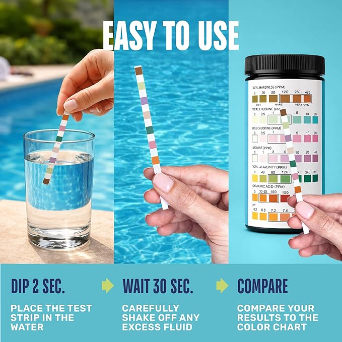 JNW 7-in-1 Pool Test Strips, 150 Quick & Accurate Test Strips for Pool Water, Spa Test Strips for Hot Tub, Chlorine Test Strips, Bromine, pH, Alkalinity, Hardness & More - Swimming Pool Test Kit
