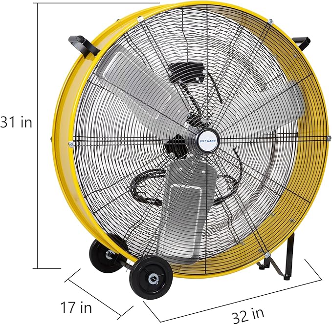 BILT HARD 13000 CFM 30" High Velocity Drum Fan, 2-Speed Heavy Duty Industrial Shop Fan for Garage, Warehouse, Workshop, Commercial, Factory and Basement, UL Listed, Yellow