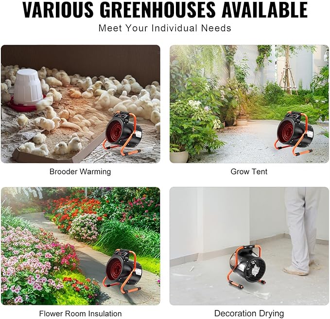 VEVOR Greenhouse Warmer, 1500W Quick Heat Function with Safety Overheat Cut-off, Dual Speed Options Compact Heater for Seedling Tents, Electric Mobile Heating Unit for Gardening Spaces, Work Areas,