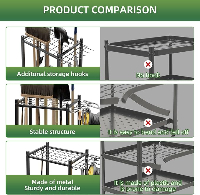 LAKEMID Garden Tool Organizer Stand with Wheels,Yard Tool Organizer for Garage with 2 Hooks, Rack Up to 42 Tools,Broom Holder & Garden Tool Rack for Shed, Patio, Outdoor Use