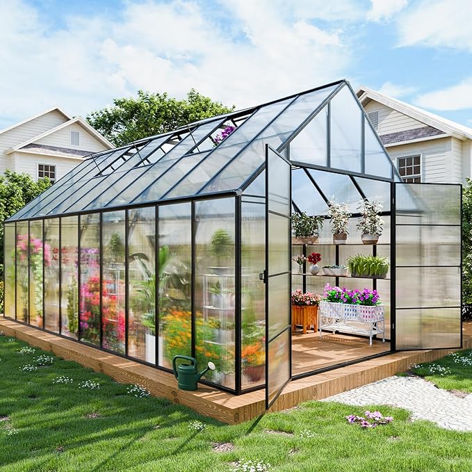 CDCASA 10x20 FT Greenhouse for Outdoors, Large Easy Assembly Polycarbonate Greenhouse Thicker Aluminum Greenhouses w/4 Vents Windows, Swing Door, Ouside Walk-in Green House for Backyard,Garden