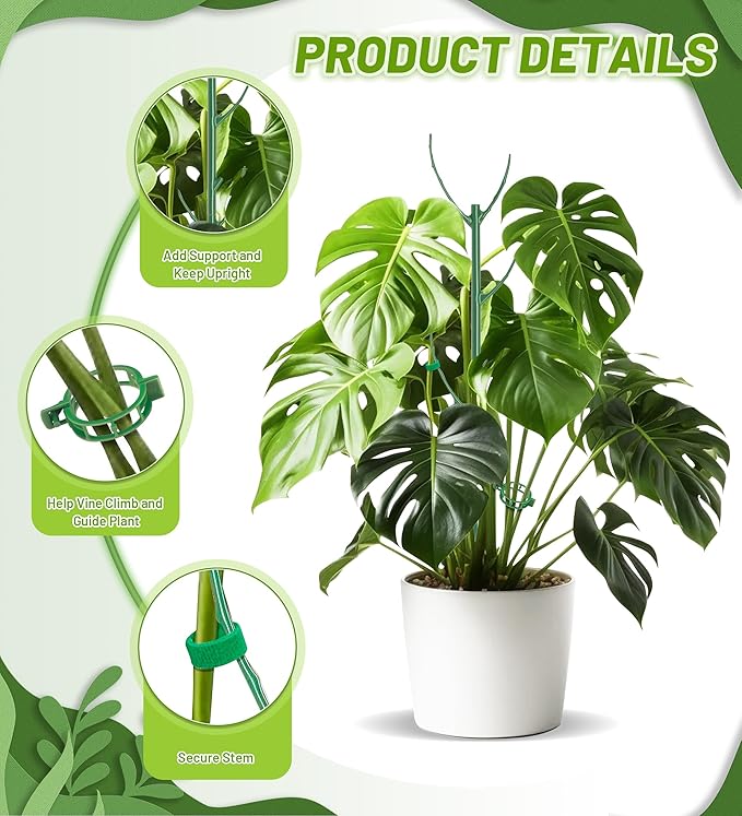 Plant Support Stakes, 12 Pcs Stackable Plant Support Poles with 20 Clips, 2 Roll Tie for Indoor Outdoor Monstera Climbing Plants, Green