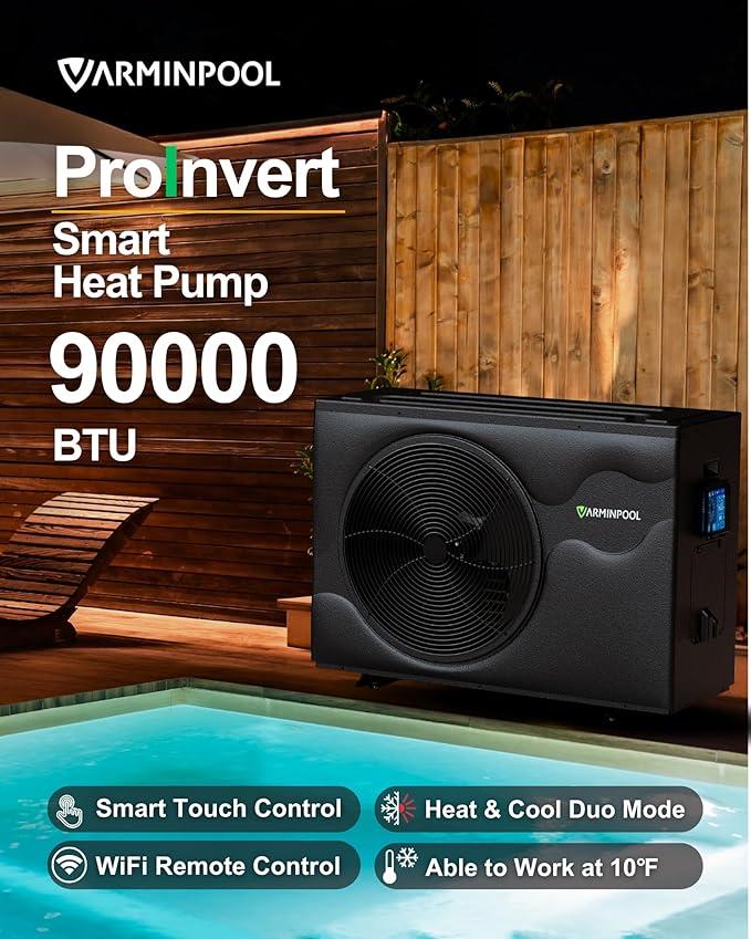 Pro Invert 90000BTU Pool Heat Pump for 24000 Gallons Above and In Ground Pools, Full Inverter Electric Pool Heater, WiFi Control & Timer, Heat & Cool, Energy Efficient, 220V, V25