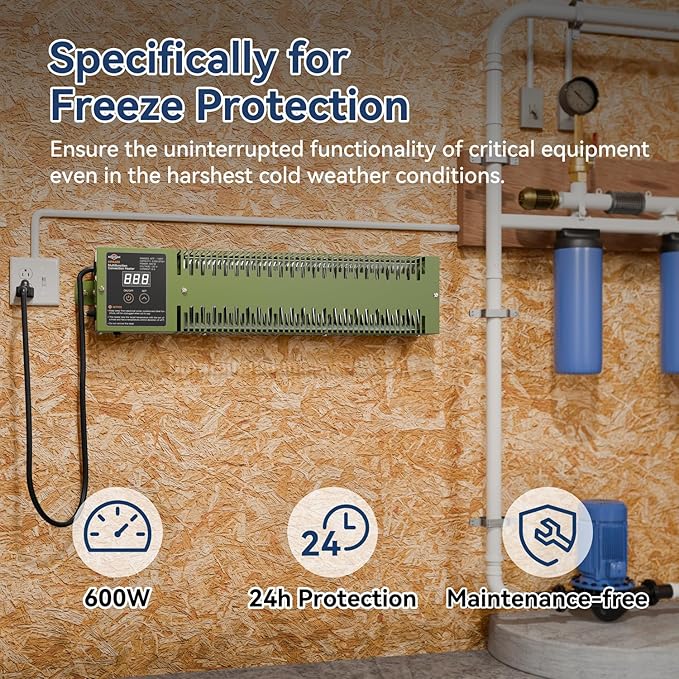 Utility Heater with Built-In Thermostat, 600W Electric Pump House Heater 120V, HPA600 Multifunction Convection Heater, Freeze Protection in Pump Houses, Utility Rooms, etc, Army Green