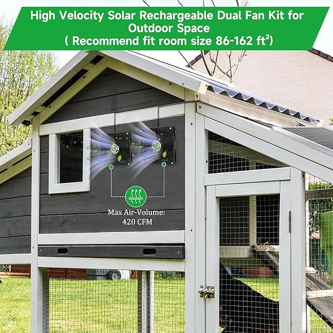 blessny 5.5" Solar Rechargeable 2 Fan Kit for Intake or Exhaust air, Weatherproofed 50W Solar Powered Fans for Outside Chicken Coops, Greenhouses, Shed, Pet House Air Ventilation