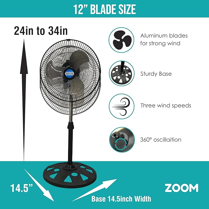 ZOOM 12 Inch 360 Degree Oscillation Pedestal Dormroom Fan 1 pack with 2in1 USB/Luggage Lock, Black Silver, 3 Speed, Adjustable Height, for Dorms, Bedroom, Livingroom, Garage