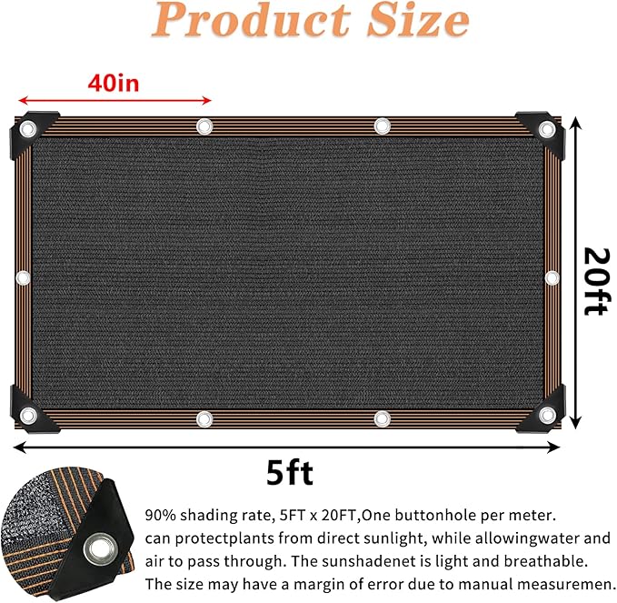 90% Shade Cloth - For Garden Plant, Outdoor Black Shades Cover with Grommets, Pergola, Patio, Greenhouse, Chicken Coop
