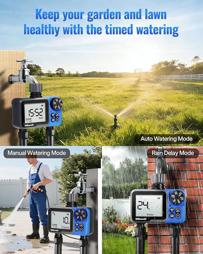 Water Timer for Garden Hose, 2 Zone Sprinkler Timer, Automatic Irrigation System/Rain Delay/Manual Watering, Programmable Watering for Lawn, Yard, Drip Irrigation C12WT06