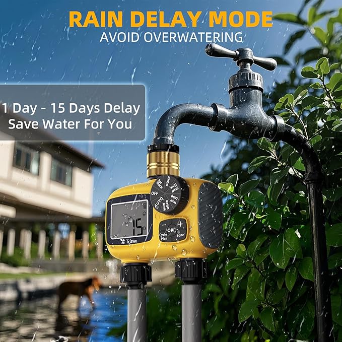 Sprinkler Timer Outdoor with Brass Swivel Water Timer for Garden Hose 2 Zone Programmable/Rain Delay/Manual/Automatic Irrigation Controller-Sprinkler System for Garden/Lawn/Yard/Pool