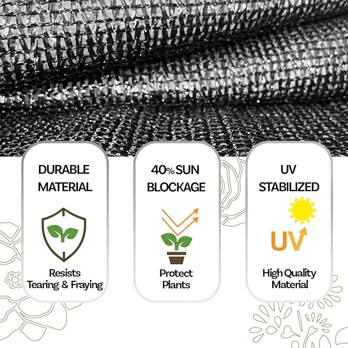40% Sunblock Shade Cloth with Grommets - UV Resistant Garden Netting - Sun Shade Cover for Garden Patio Plants - Black (6' x 12')
