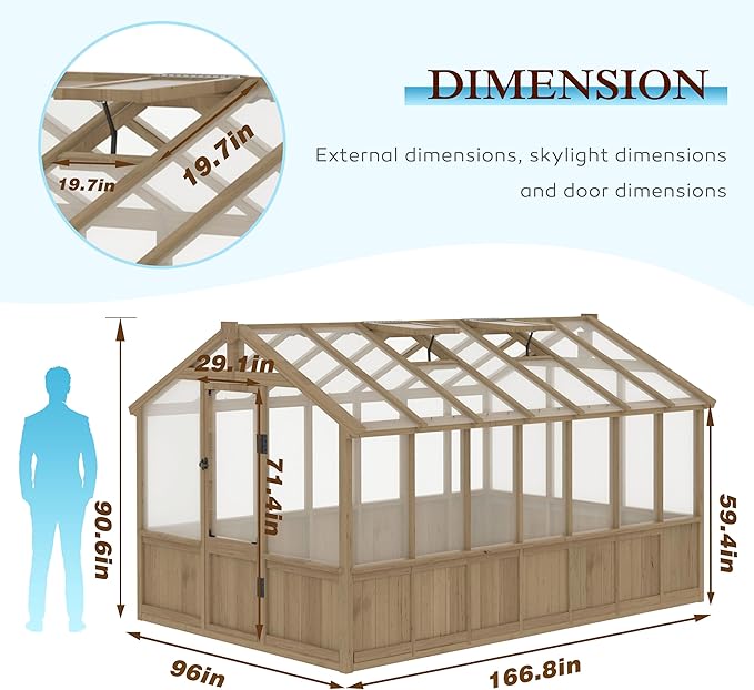 Yardenaler 8x14 FT Outdoor Greenhouse Kit, Wooden Greenhouses for Outdoors Walk-in Green House with 6MM Thick Polycarbonate Panel & Adjustable Roof Vents, Backyard Garden, Light Mocha Brown