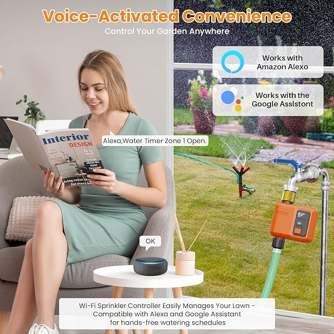 WiFi Water Timer for Garden Hose, Smart Sprinkler Timer with 984ft Long Range, Strong Wall Penetration, APP & Remote Control, Voice Control, Rain Delay, Manual Mode, Watering System for Yard & Lawn