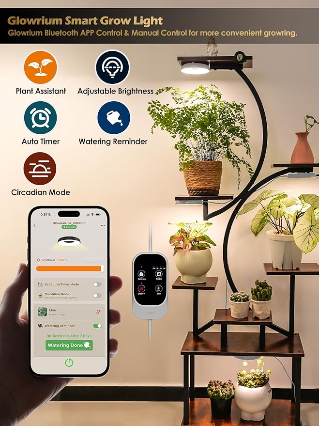 GLOWRIUM Grow Lights for Indoor Plants,48W Smart Full Spectrum LED Grow Light, Auto Timer and Stepless Dimming,Plant Assistant with Watering Reminder,Modular Design (White, 6 PCS)