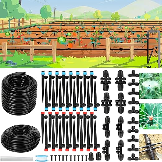 Drip Irrigation System – 2026 Upgraded Garden Watering System with 46FT 1/2'' Tubing, New Quick-Connect 1/4 inch Fittings Automatic Sprinkler for Garden Lawn Greenhouse Plant Flower Bed