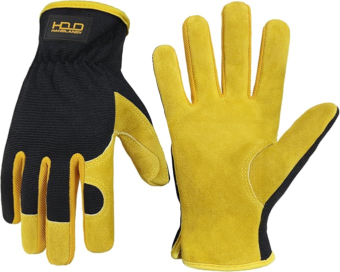 HANDLANDY Men Leather Gardening Gloves, Utility Work Gloves for Mechanics, Construction, Driver