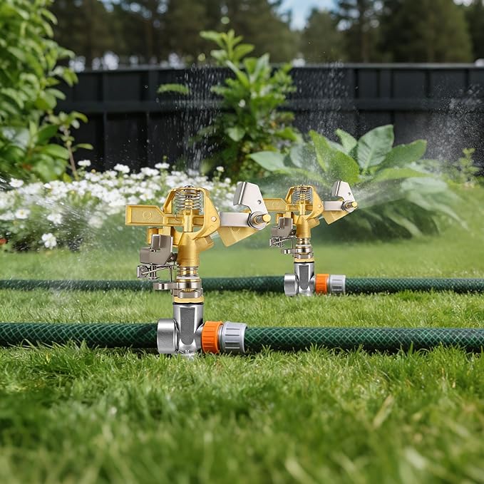 Triumpeek 2 Packs Impact Sprinkler on Spike Base, Heavy Duty Brass Water Sprinkler Head with Aluminum Alloy Stand, Adjustable 360 Degree Large Area Irrigation Sprinkler for Yard Lawn Patio Garden
