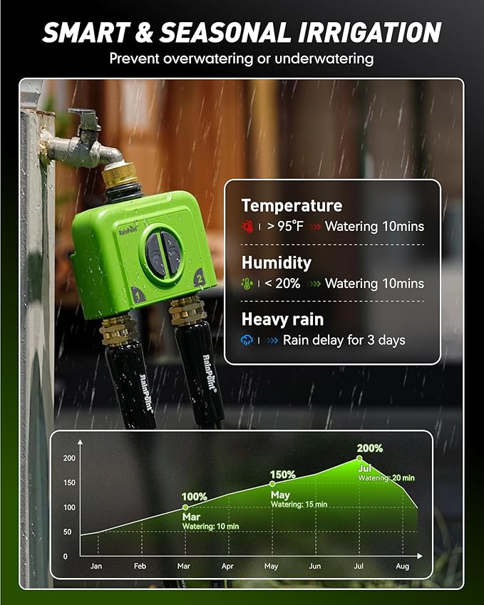 RAINPOINT WiFi Water Timer for Garden Hose, 2 Zone WiFi Sprinkler Controller, Smart Hose Timer Valve, Automatic Drip Irrigation System/Rain Delay for Garden (Brass Inlet & Outlet, Ethernet Gateway)