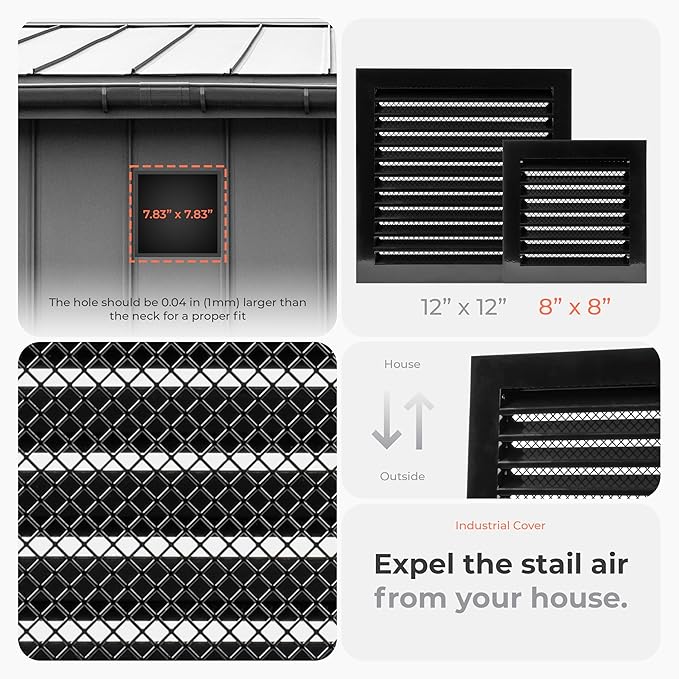 8" x 8" Inch Black Register Vent Cover - Square Industrial Return Air Vent Cover - Wall, Shed Vent, Foundation Vent - Wire Screen Mesh Crawlspace Louver Grille - Exhaust, Intake Gable Vent