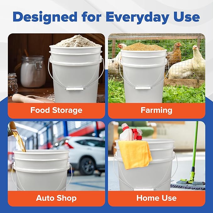 ePackageSupply 5 Gallon Bucket - Food Grade Bucket with Airtight Gamma Seal Screw-On Lid, BPA-Free, Heavy-Duty 90 Mil HDPE Plastic, Bulk Storage, Durable Container, Made in USA, White/Orange, 3 Packs