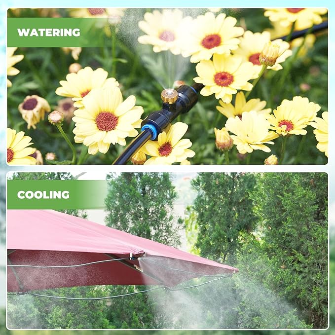 HOMENOTE Misting Cooling System with Timer, 26FT Misting Hose+7 Brass Nozzles+3/4" Brass Adapter+Water Timer with Mist Mode & Irrigation Mode, Outdoor Misters for Patio Cooling and Garden Watering