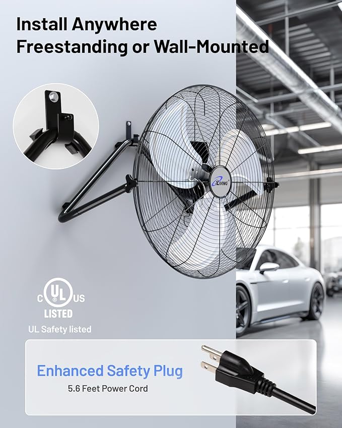 iLIVING 20 Inch Heavy Duty Floor & Wall Mount Fan - 5750 CFM High Velocity, 120-Watt, 3-Speed, Industrial Cooling for Garage, Workshop, Office, Home - UL Listed, Black