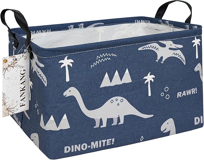 FANKANG Storage Bins, Nursery Hamper Canvas Laundry Basket Foldable with Waterproof PE Coating Large Storage Baskets for Kids Boys and Girls, Office, Bedroom, Clothes,Toys(Rec-Blue dinosaur）