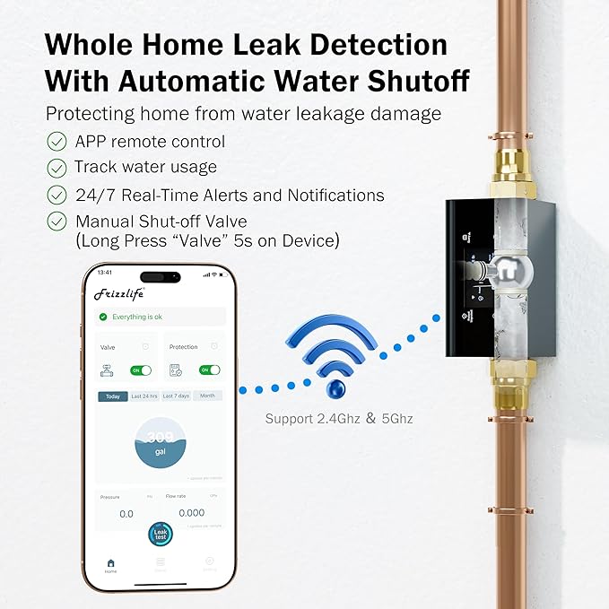 Frizzlife LP365-P Smart Water Monitor and Automatic Shutoff - 0.01 GPM Ultrasonic Micro Leak Detection, Wi-Fi / APP Control, Pressure+Flow Monitoring, 24/7 Water Usage Reports, Fits 1.25" and 1"