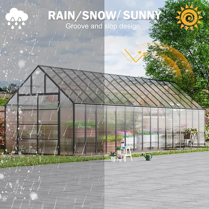 CDCASA 32x10x10 FT Greenhouse for Outdoors, Easy Assembly Large Thicker Aluminum Heavy Duty Polycarbonate Greenhouses Kit w/7 Windows, Outside Sunroom Walk-in Green House for Patio,Backyard