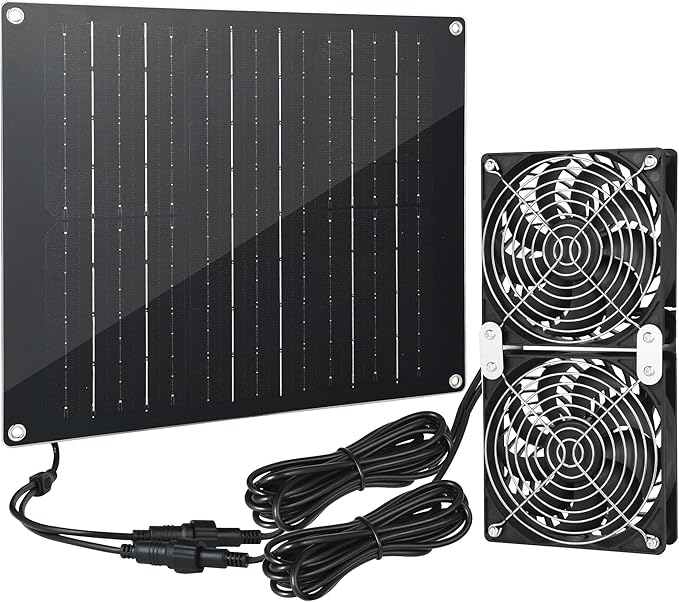 Solar Powered Fan, 30W Large Solar Fan Exhaust Dual Exhaust Fan, Equipped with Two IPX7 Waterproof Fans, Suitable for air Ventilation & Circulation in Chicken Coops, Greenhouses, Sheds, Pet Houses