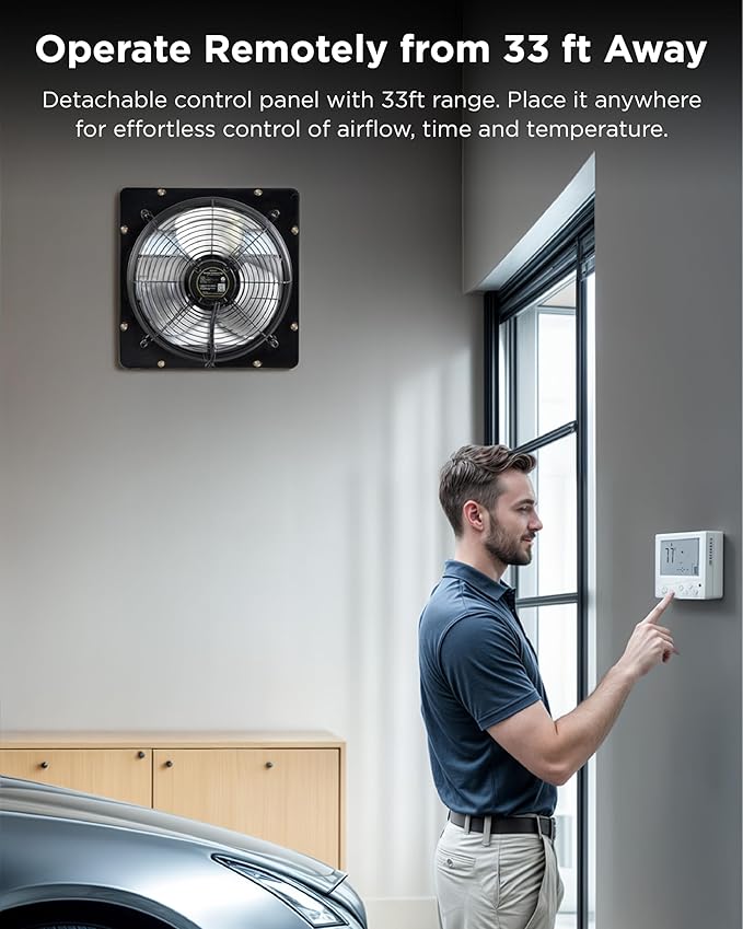 InoKraft Shutter Exhaust Fan with Wireless Control Panel, 14'' Wall Mount Attic Fan with Temperature Controller, 2100 CFM, 8-Speed Adjustable, Ventilation for Attic, Garage, Greenhouse, Chicken Coop