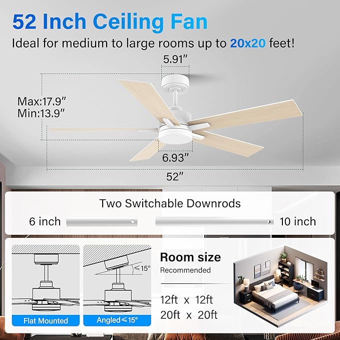 Lorpies 52” Smart Ceiling Fan with Lights Remote,Voice Control via Alexa Google WIFI App,Ultra Quiet DC Motor,Outdoor Indoor Modern Ceiling Fans,6-Speed for Bedroom Patio Porch,White and Wood Color