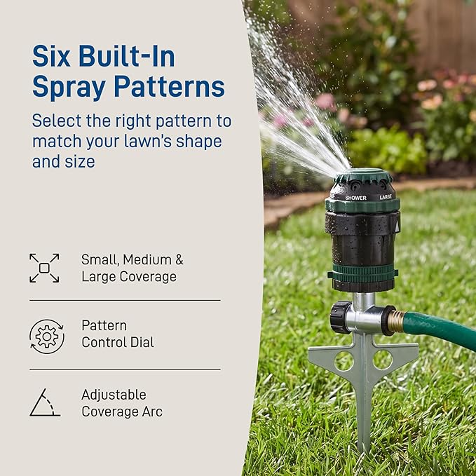 Orbit H2O-Six Gear-Drive Sprinkler on Metal T-Spike - Customizable Lawn Watering Coverage - Multi-Pattern Rotating Head with Adjustable Spray Range - Durable Outdoor Yard Irrigation Sprinkler - 58573