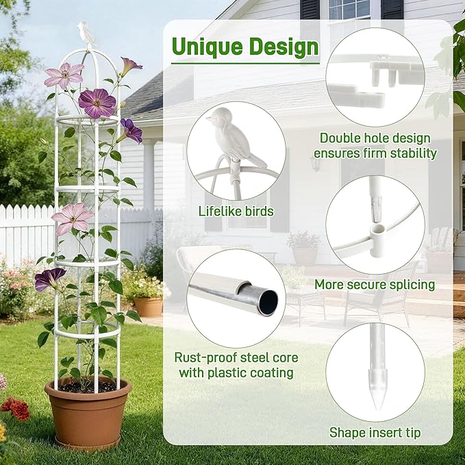 2 Pack Trellis for Climbing Planting Outdoor, 6ft Plant Trellis-Rustproof Metal Pipe with Heavy Duty Plastic Coated, Potted Plant Support for Clematis Vine Jasmine Support (White, 2 Pack)