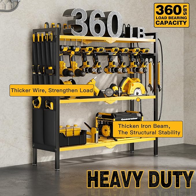 NattyDot Large Power Tool Organizer Cart with Charging Station 8 Drill Holder Garage Storage Standing Heavy Duty and Stability Storage Rack Utility Tool Shelf (Yellow)