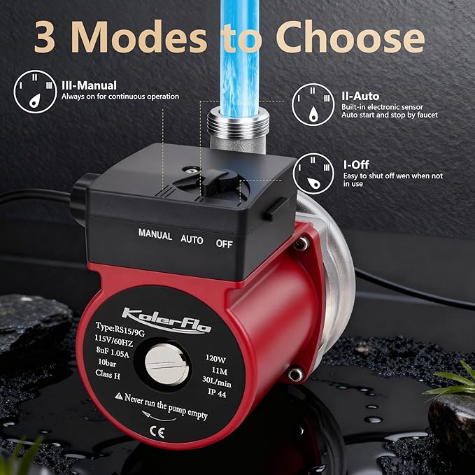 Hot Water Recirculating Pump,120W 110V Automatic Circulating Pump/Booster Pump Stainless Steel Head NPT 3/4",15-9S Three Speed Control for Electric Water Heater System
