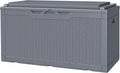 JUMMICO 100 Gallon Resin Deck Box with Cushion, Waterproof Outdoor Storage Box with Lockable Lid for Garden Tools, Patio Cushions (Gray)
